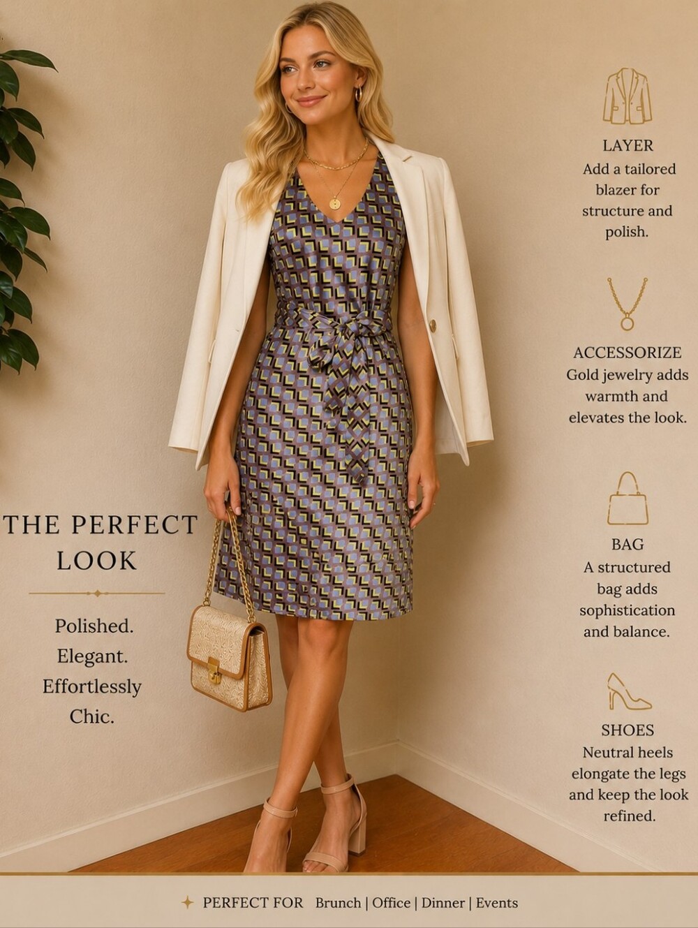 The Empower Satin Silk Dress Cubic Geo Print